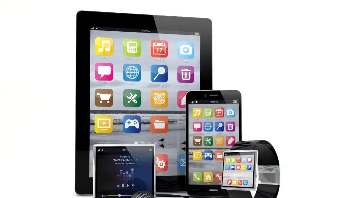 Tablet, smartphone, smartwatch, and music player with colorful app icons displayed.