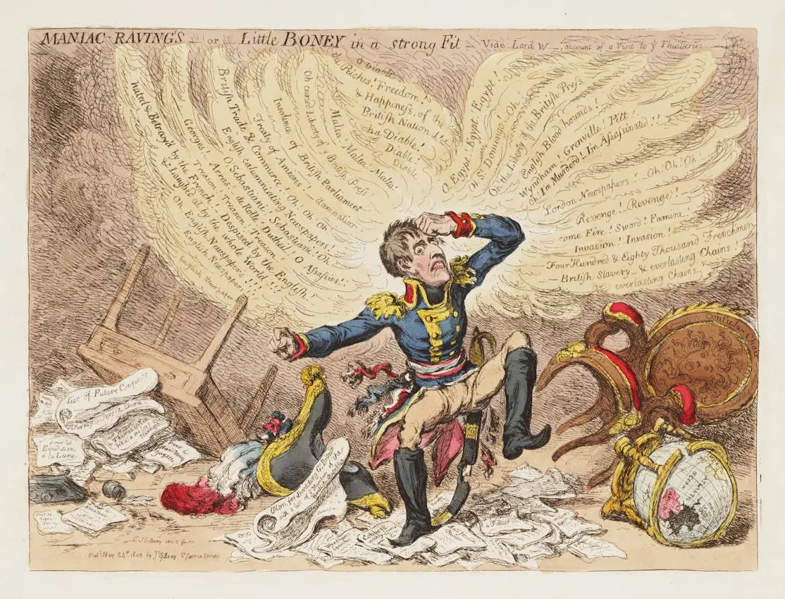 James Gillray’s Maniac-raving’s, or, Little Boney in a strong fit. A depiction of the urban legend that Napoleon was short. Photo: Yale University Library