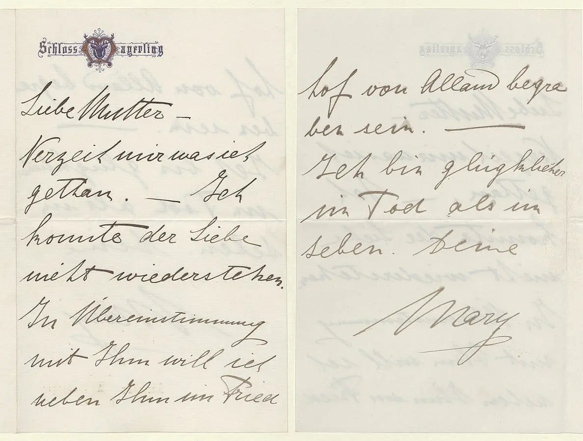 Vetsera’s farewell letter to her mom. Photo: Baroness Mary Vetsera, Wikimedia Commons