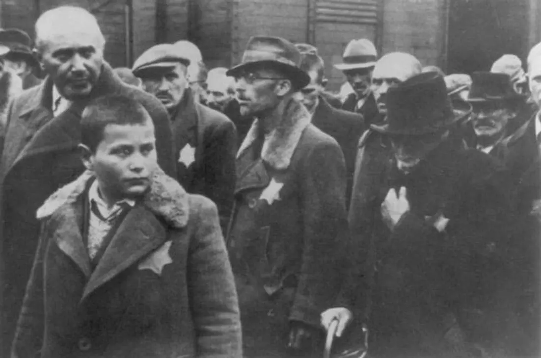 Illustration of King Christian X of Denmark walking with civilians, wearing a yellow Star of David on his coat, a visual representation of a popular WWII myth.