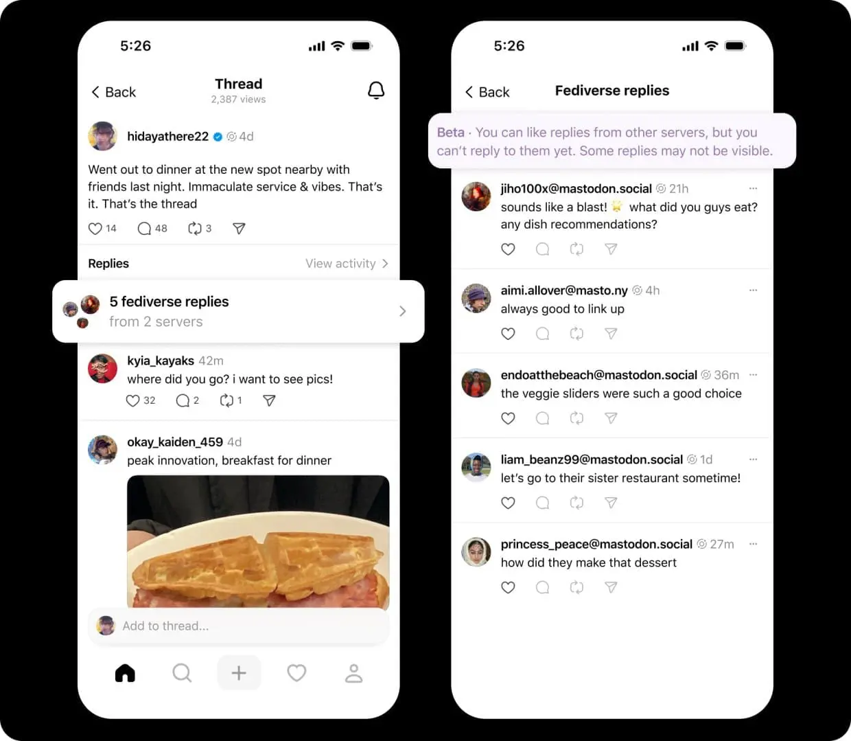 Instagram’s integration in Threads make it easier for users to engage in conversations with people familiar to them. Photo: Meta
