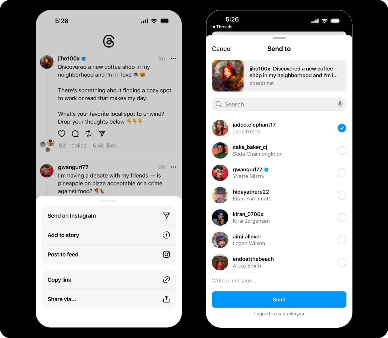 An example of how Threads is integrated into your Instagram account. From Threads, you can directly send notes and messages to your contacts on Instagram. Photo: Meta