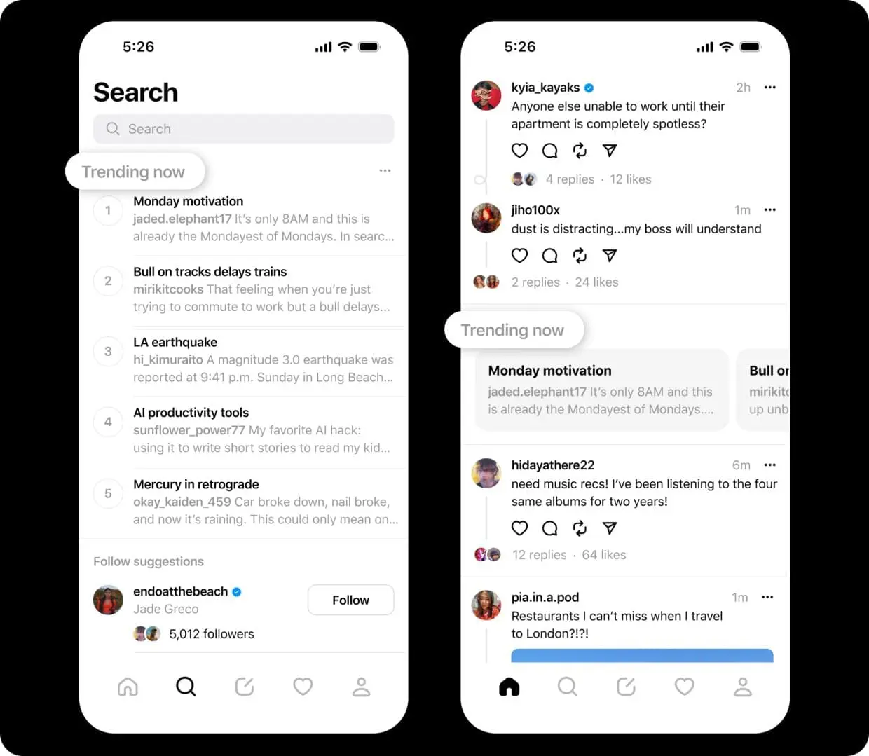 User interface of Threads showing the ‘Trending Now’ feature, which was only added to the app in 2024. Photo: Meta