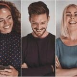 Five diverse individuals smiling and laughing in a collage of vertical portraits.