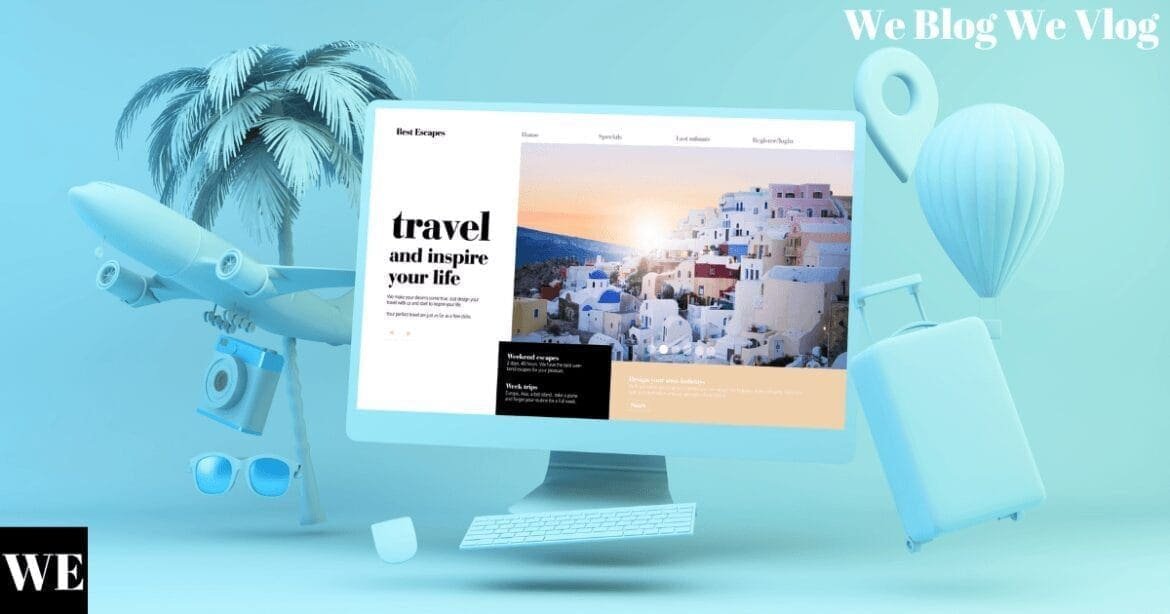 : A desktop computer displaying a colorful travel blog, accompanied by a 3D illustration of luggage, symbolizing travel inspiration and planning.