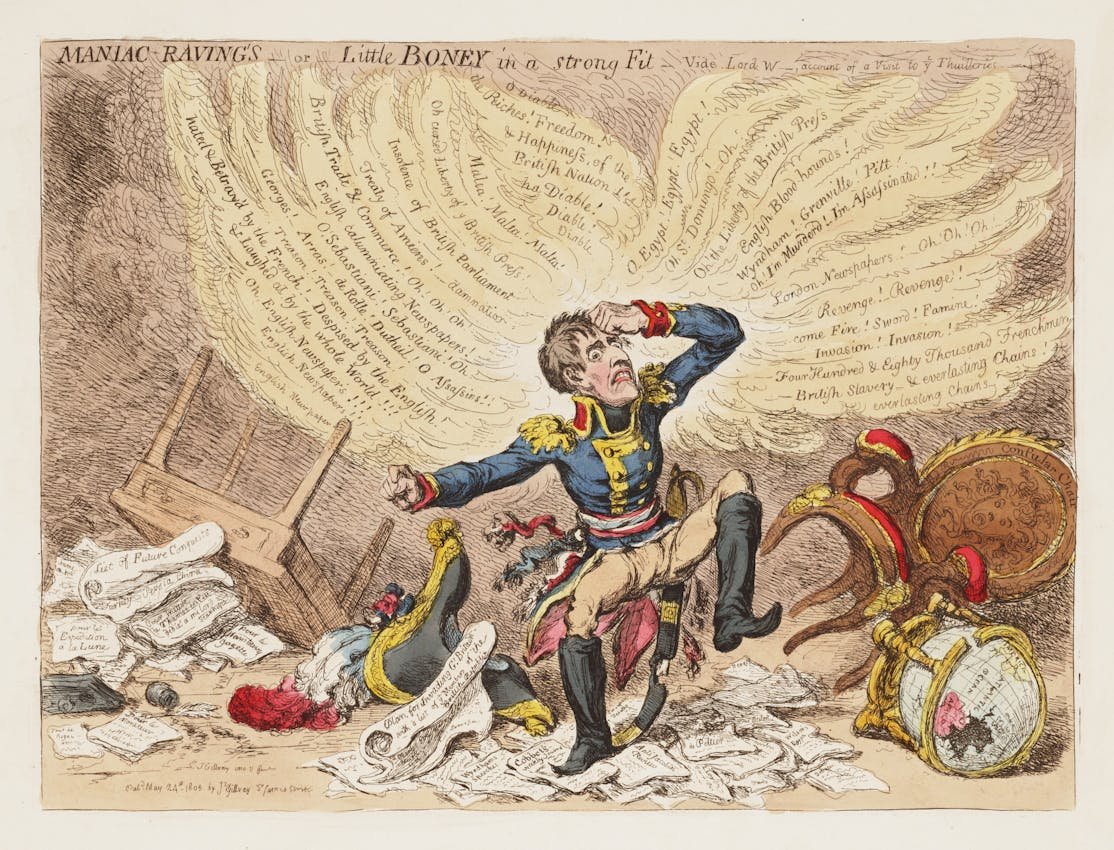 James Gillray’s Maniac-raving’s, or, Little Boney in a strong fit. A depiction of the urban legend that Napoleon was short. Photo: Yale University Library