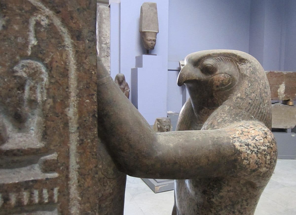 Detail of Horus's face, from a statue of Horus and Set placing the crown of Upper Egypt on the head of Ramesses III. Photo: Wikimedia Commons