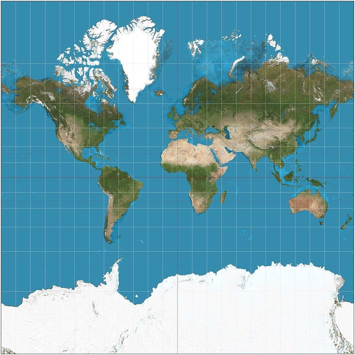 Mercator projection of the world between 85°S and 85°N. Note the size comparison of Greenland and Africa. Photo: Wikimedia Commons