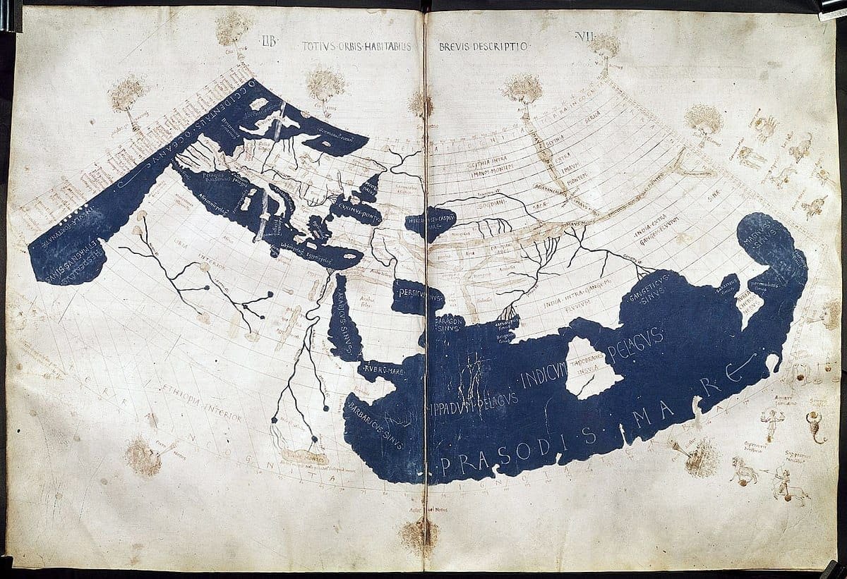 Ptolemy's world map, reconstituted from Ptolemy's Geography (circa 150) in the 15th century, indicating "Sinae" (China) at the extreme right, beyond the island of "Taprobane" (Ceylon or Sri Lanka, oversized) and the "Aurea Chersonesus". Photo: Francesco di Antonio del Chierico, Wikimedia Commons