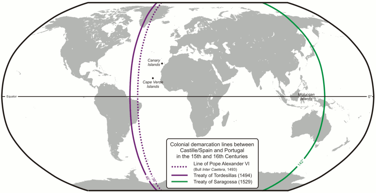 Lines dividing the non-Christian world between Castile and Portugal: the 1494 Tordesillas meridian (purple) and the 1529 Zaragoza antimeridian (green). Photo: Wikimedia Commons