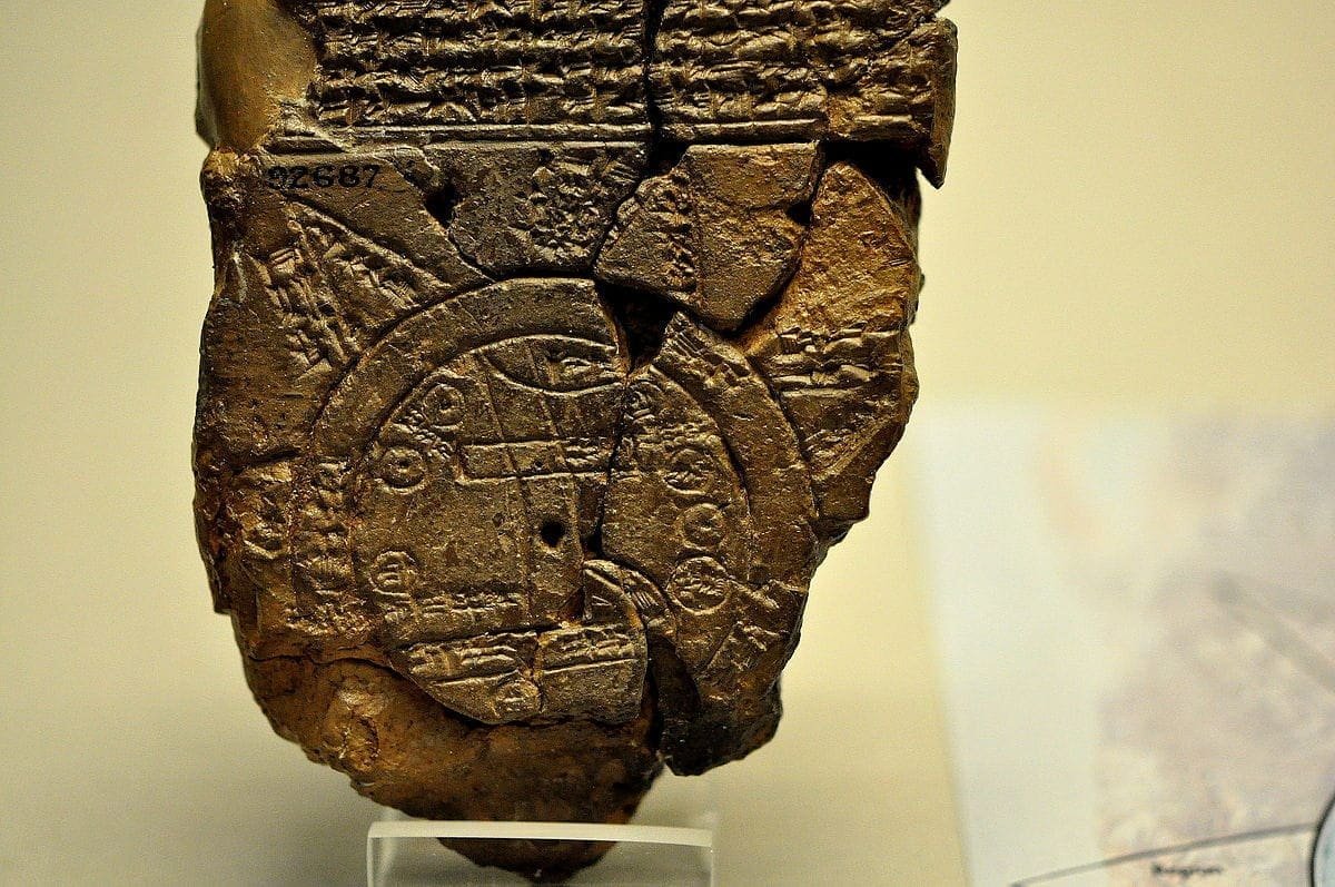 A close-up view of the Babylonian map of the World. This partially broken clay tablet contains both cuneiform inscriptions and a unique map of the Mesopotamian world. Photo: Osama Shukir Muhammed Amin FRCP(Glasg), Wikimedia Commons
