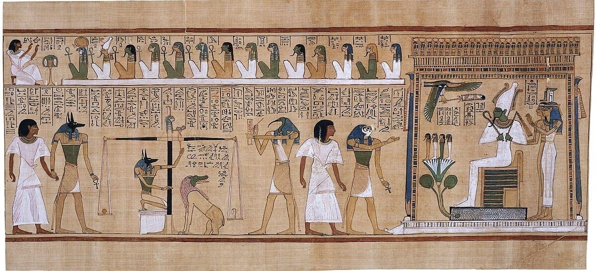Judgment scene from the Book of the Dead showing a dead man’s heart being weighed against Ma’at’s feather. Photo: Hunefer, Wikimedia Commons