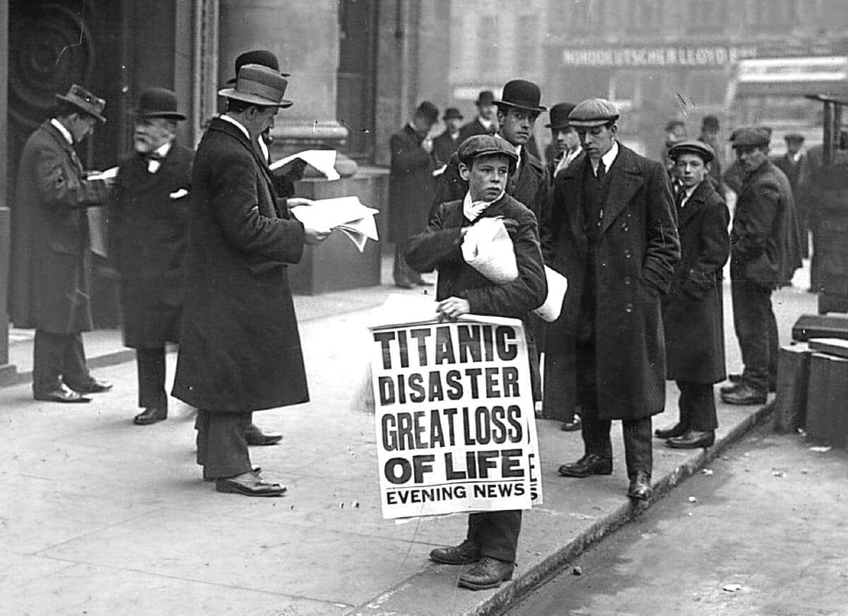 London paperboy Ned Parfett outside the White Star Line offices. Photo: Wikimedia Commons