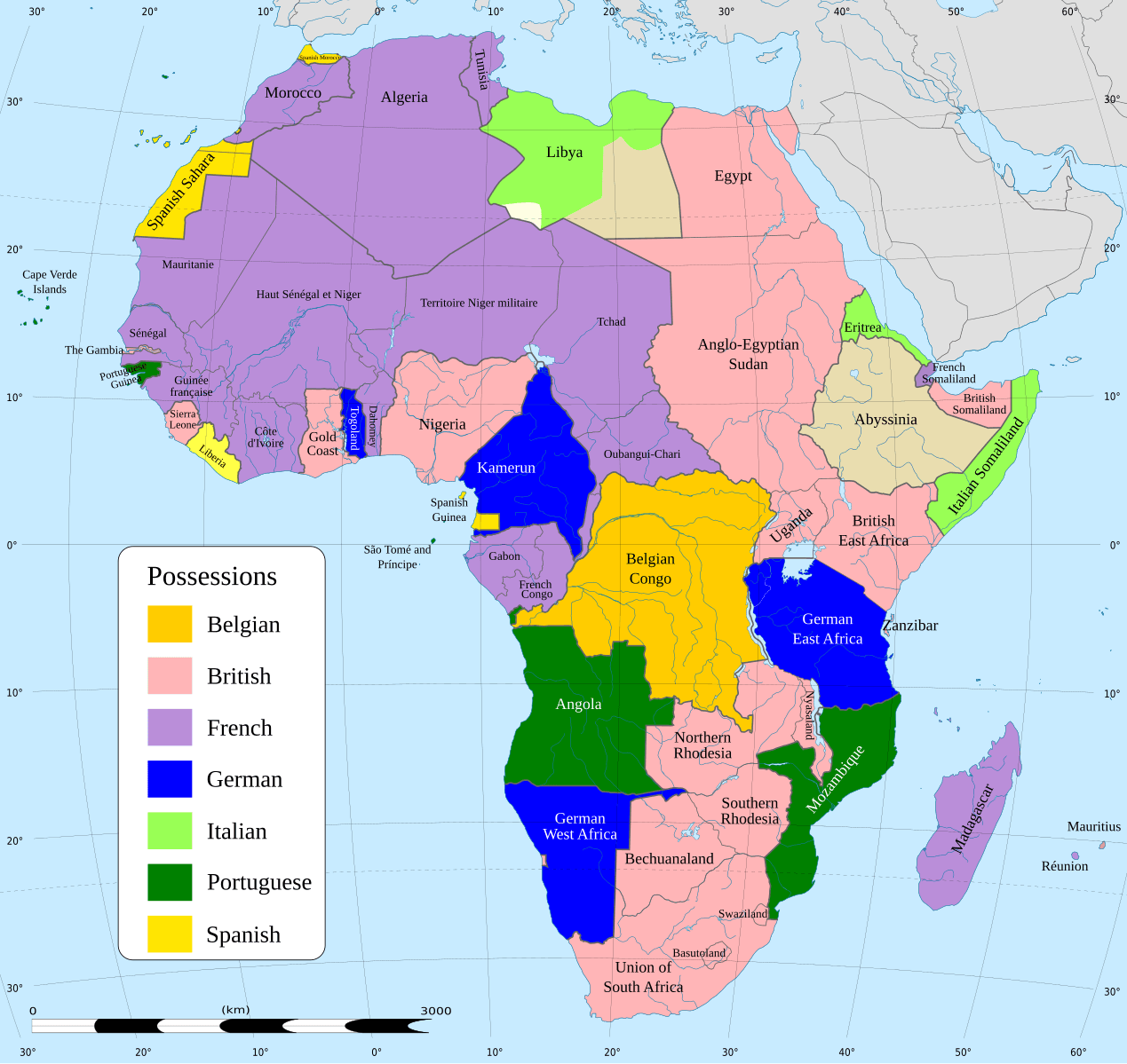 A map of Africa in 1914, with colours for the sovereign powers. Photo: Wikimedia Commons