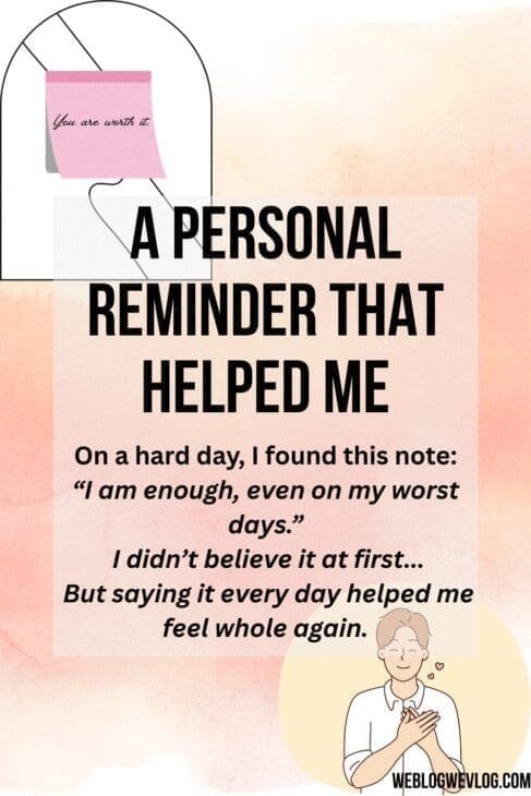 Graphic showing two women practicing self-confidence—one surrounded by icons of productivity like a calendar, clock, and lightbulb, and another smiling and gesturing confidently. The quote overlay says “What Confidence Really Looks Like,” followed by quiet affirmations like “I showed up today” and “It’s okay to go slow.” Soft pink watercolor background with blog URL “weblogwevlog.com.”