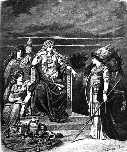 Frigg sits enthroned and facing the spear-wielding goddess Gná, flanked by two goddesses. Illustrated (1882) by Carl Emil Doepler. Photo: wikipedia.org