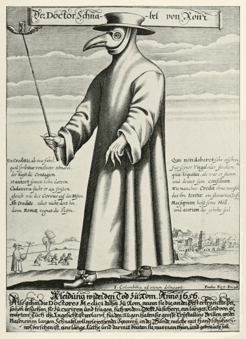 Attire of a plague doctor in Rome. His nose case is filled with herbs to keep the plague's scent off. Photo: wikipedia.org