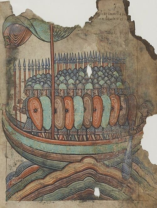Depiction of Vikings sailing a longship from c. 1100. Photo: wikipedia.org