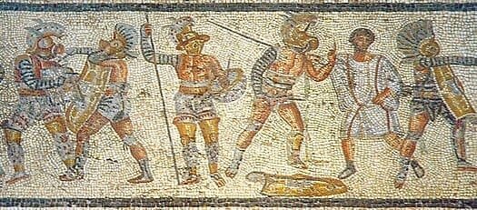 A mosaic showing different gladiators from the Roman Empire. Photo: wikipedia.org