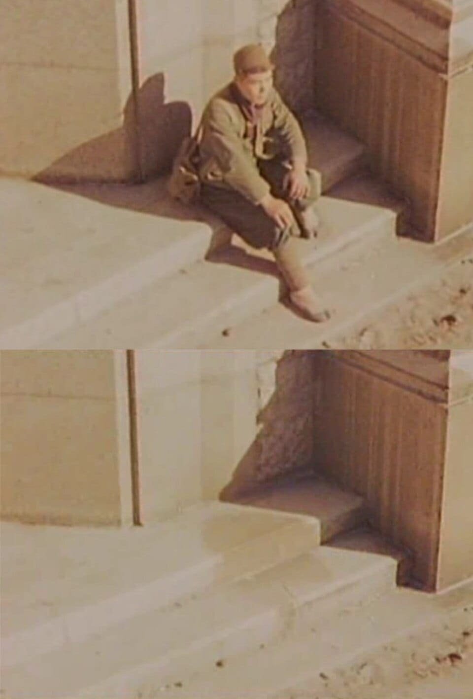 A Japanese man in 1946 recreates the likely position of the person who was incinerated on the spot by the Hiroshima blast. All that was left was a “shadow” burned onto the steps of Sumitomo Bank. Photo: Wikimedia Commons