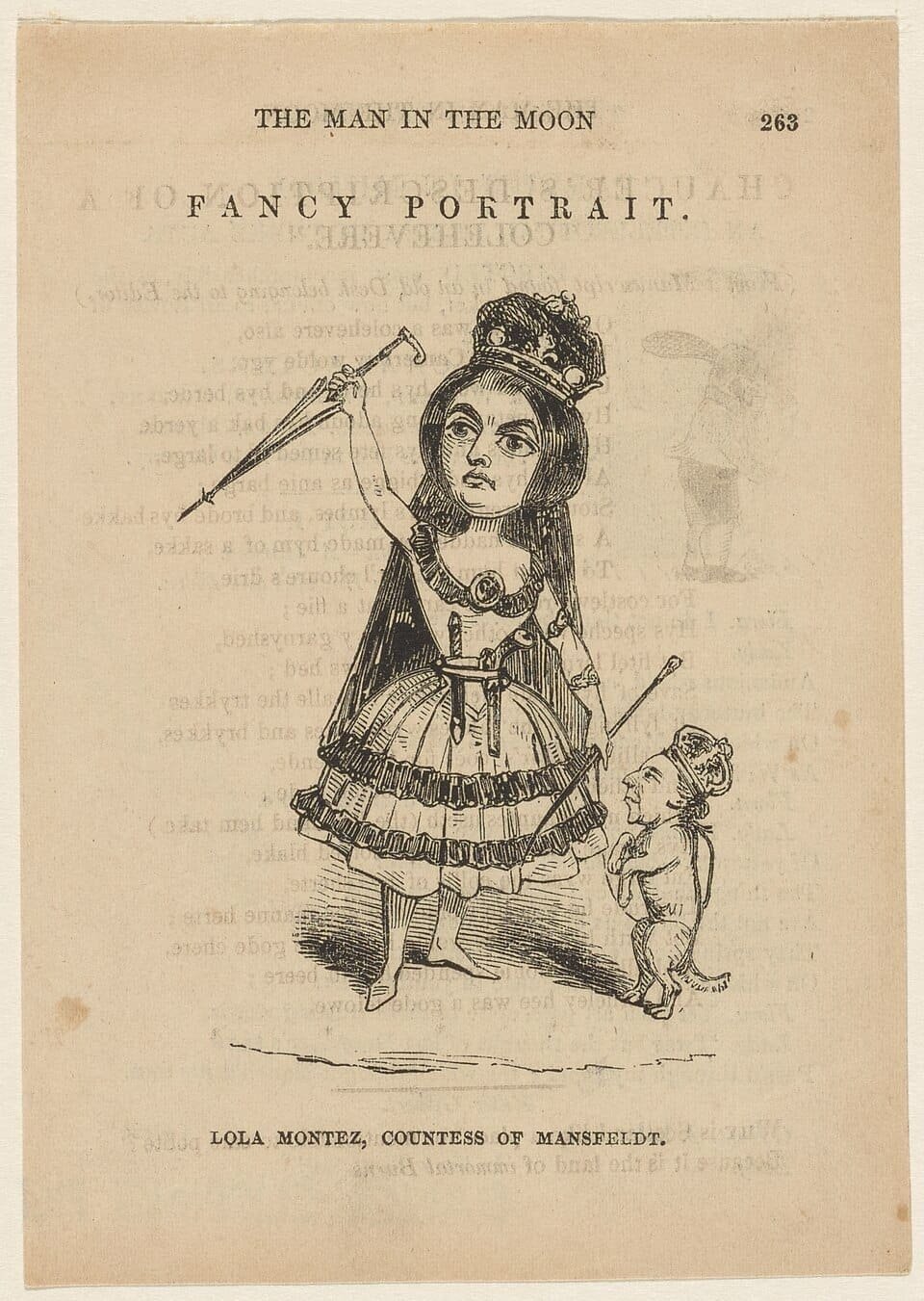 A caricature depicting Lola holding a whip and King Ludwig I as her dog on a leash. Photo: Wikimedia Commons