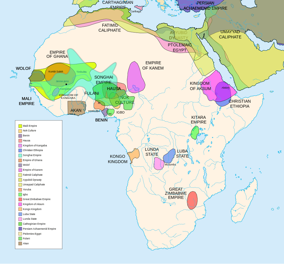 Africa History Atlas Diachronic map showing pre-colonial cultures of Africa (spanning roughly 500 BCE to 1500 CE). Photo: Wikimedia Commons