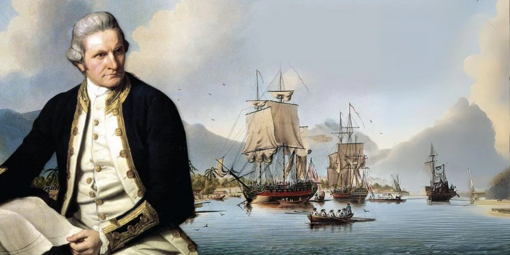 Historical portrait of Captain James Cook holding a map, with wooden sailing yachts anchored in the background.