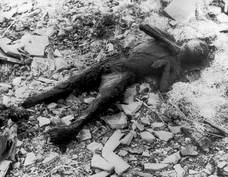 Yōsuke Yamahata photographed this child incinerated in Nagasaki. American forces censored such images in Japan until 1952. Photo: Wikimedia Commons