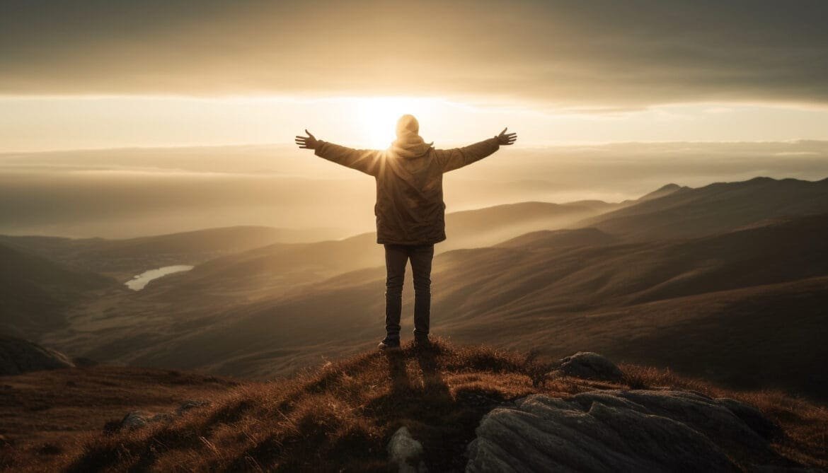 Person embracing sunrise, symbolizing a fresh start and personal resilience