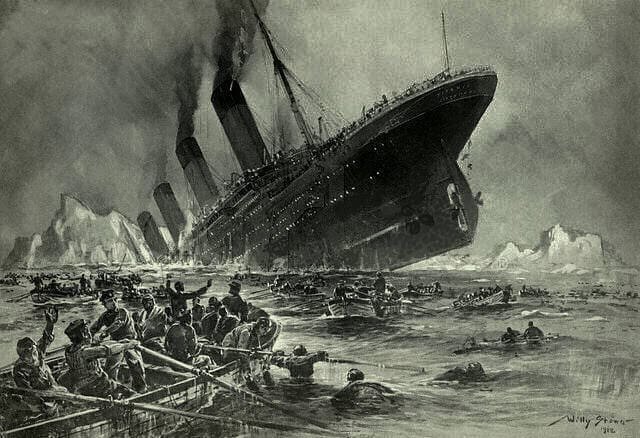 The sinking of the Titanic as depicted in Untergang der Titanic (translation: "Sinking of the Titanic"), a 1912 illustration. Photo: Willy Stower, Wikimedia Commons