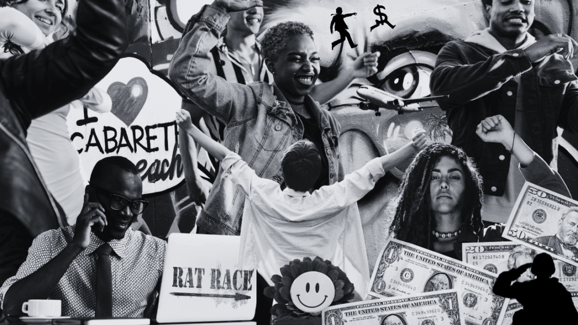 People working and chasing money with “Rat Race” on a laptop and cash images.