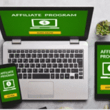 Laptop, tablet, and smartphone displaying an affiliate program sign-up screen.
