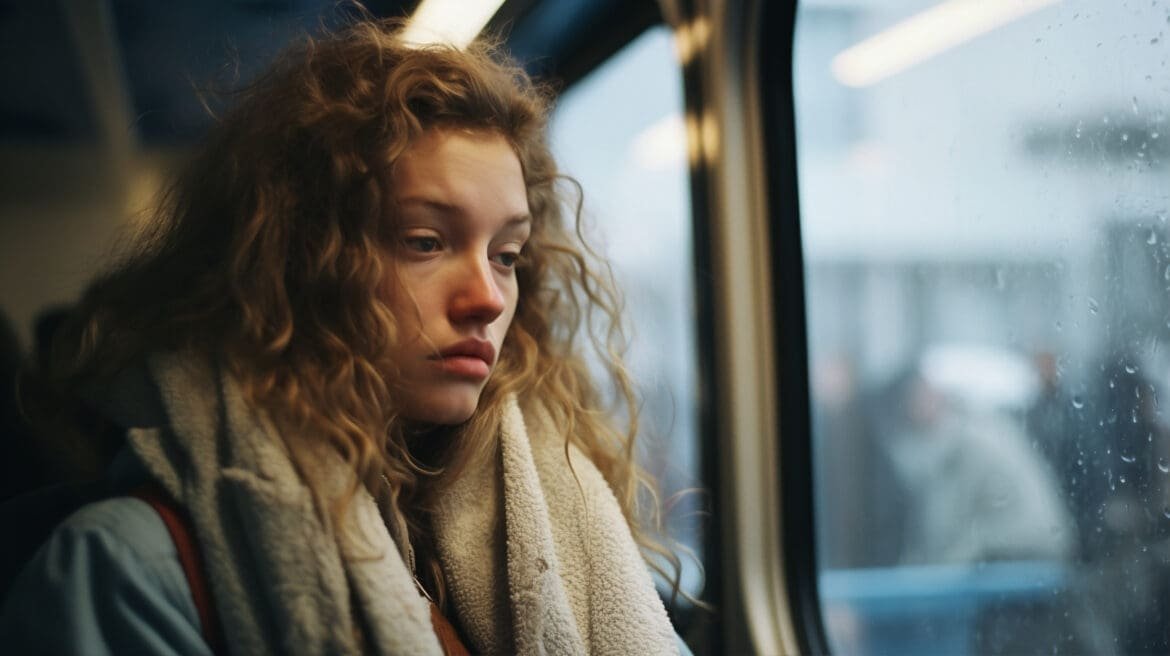 Burnt-out woman looking out of a train window, reflecting on struggles in doing manifestation techniques