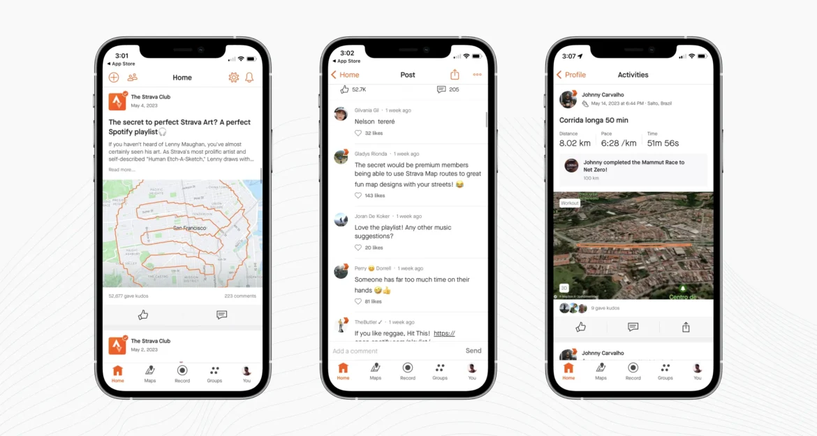 Strava app social interactions showing friends giving kudos, joining clubs, and sharing fitness tracking updates