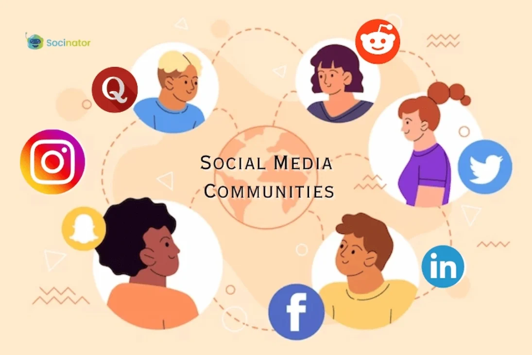 Illustration of diverse people connecting through social media apps, symbolizing building community and shared support online.