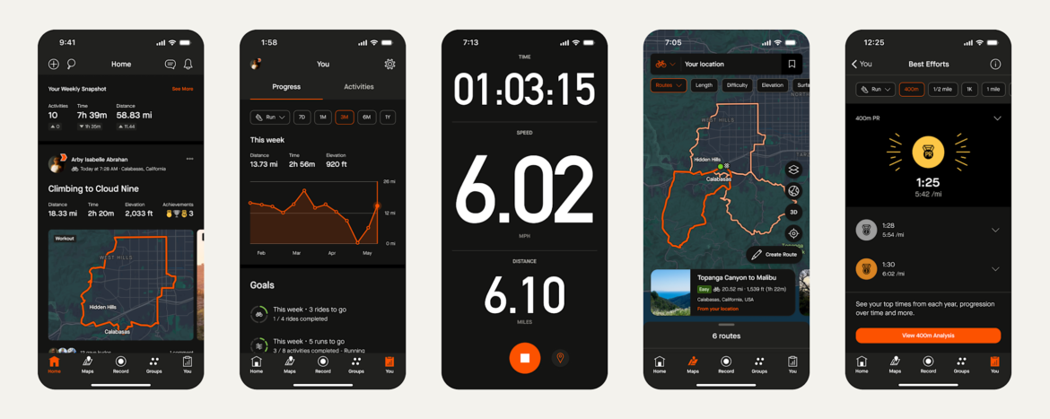 Dashboard view of the Strava app with route mapping and performance insights