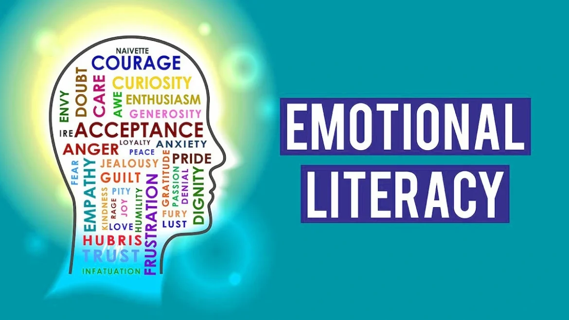 Illustration of a person with the word “Emotional Literacy” on their mind, surrounded by positive words like resilience, growth, and balance.