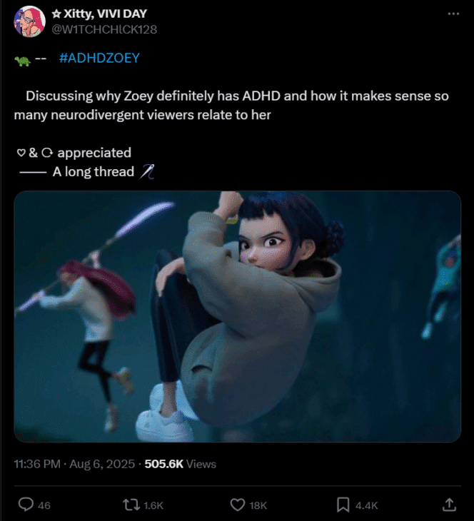 Screenshot of a post from X where the user claims that the featured animated character has ADHD.