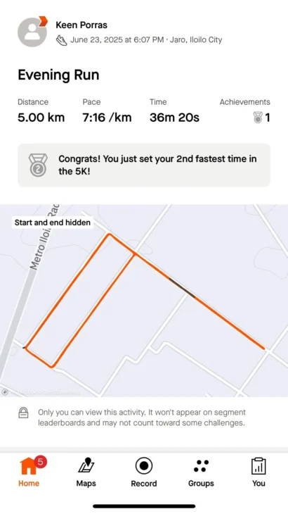 Keen’s Strava app fitness tracking record showing pace and distance from an afternoon jog