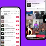 Two smartphone screens displaying TikTok’s trending sounds feature, showcasing a list of viral audio clips and a grid of videos using a selected sound.