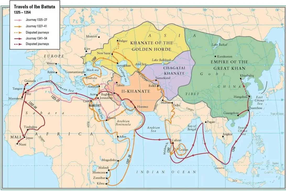This map shows the route of Ibn Battuta’s journey. Photo: UC Berkley