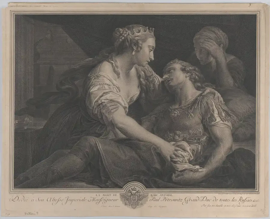 The Death of Mark Antony with Cleopatra at Left by Johann Georg Wille. After being defeated by Octavian’s forces at the Battle of Actium, Mark Antony fell on his own sword. He was brought to Cleopatra, where he died in her arms. Photo: MET Museum