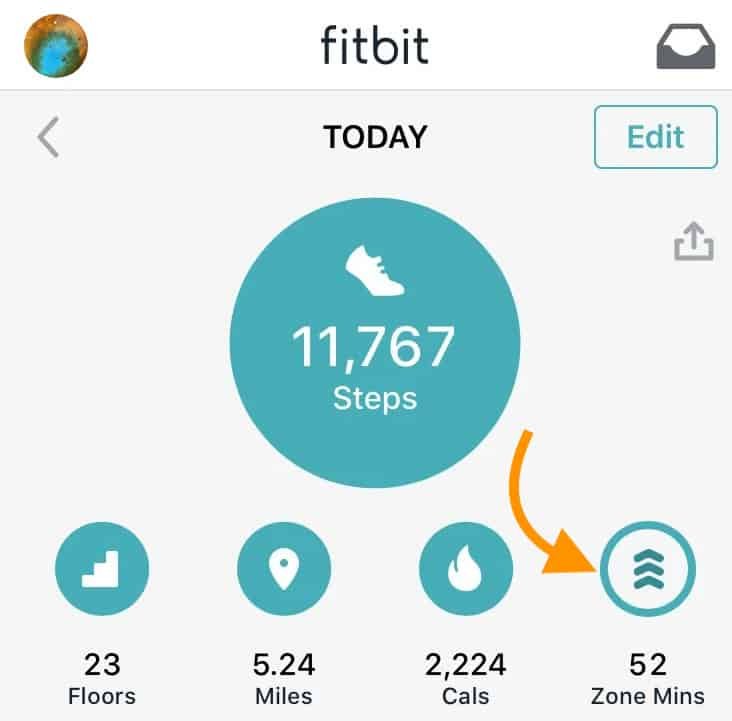 Screenshot from the Fitbit app showing steps, stairs climbed, calories burned, and how these activities translated into active zone minutes.