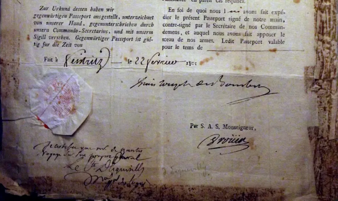 Vintage letter resembling an early safe-conduct pass, a precursor to modern passports.