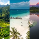 A collage-style or aerial shot showcasing multiple hidden gems of the Philippines — a lake, a lagoon, a river winding through mangroves, and a pristine white-sand beach — capturing the diversity of off-the-beaten-path travel.