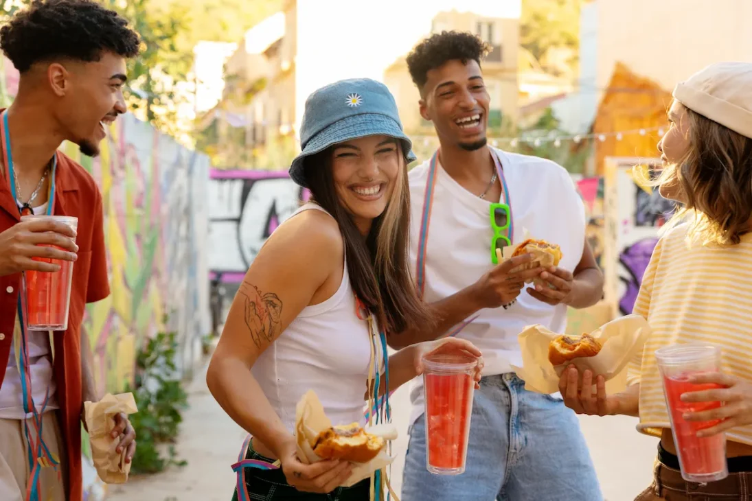 A group of friends enjoying street food together outdoors.