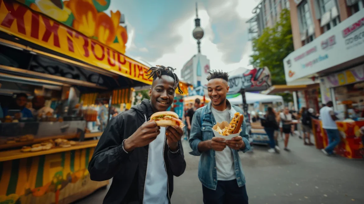 Two men enjoying hotdogs from a street vendor
