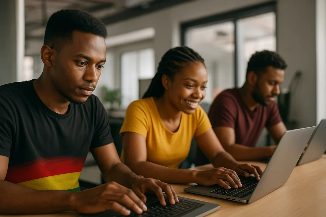 Three young African developers coding together in a modern tech hub, with subtle African flag colors symbolizing innovation and hope.