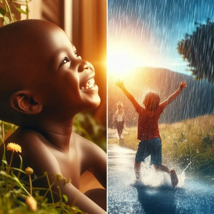 Split-screen image showing two joyful African children: one basking in the warm sun, the other playing happily in the rain, symbolizing the deep connection between weather and mental health.