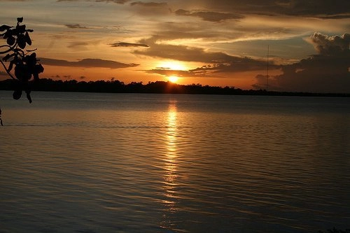 Lake Tana at sunset during golden hour, with warm light reflecting on calm waters and creating a peaceful, serene atmosphere.